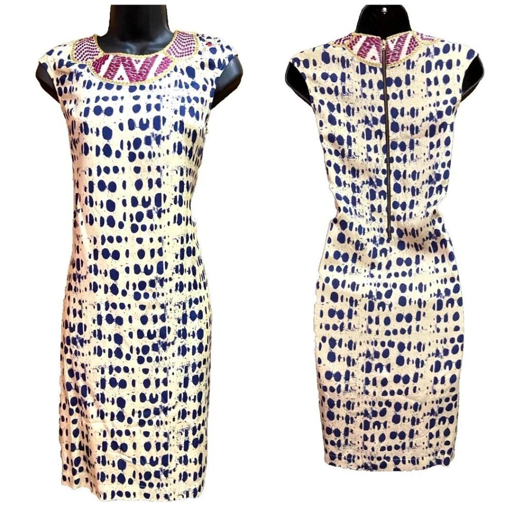 Anthropologie Vineet Bahl Embroidered Neckline Print Sleeveless Sheath Dress XS